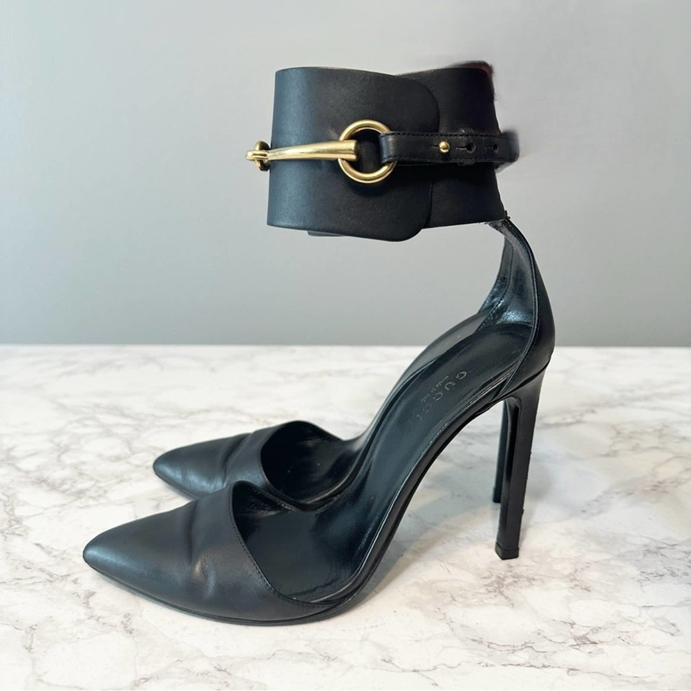 Gucci Black Stiletto Heels with Gold Detail